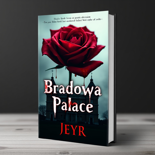 The cover features a close-up shot of a dark red rose with droplets of blood on its petals, symbolizing the dark passions and obsession in the story. Behind the rose, there is a silhouette of a palace, representing Bradowa Palace, the central setting of the book. The image is in a slightly blurred and distorted style, reflecting the psychological themes of the story.