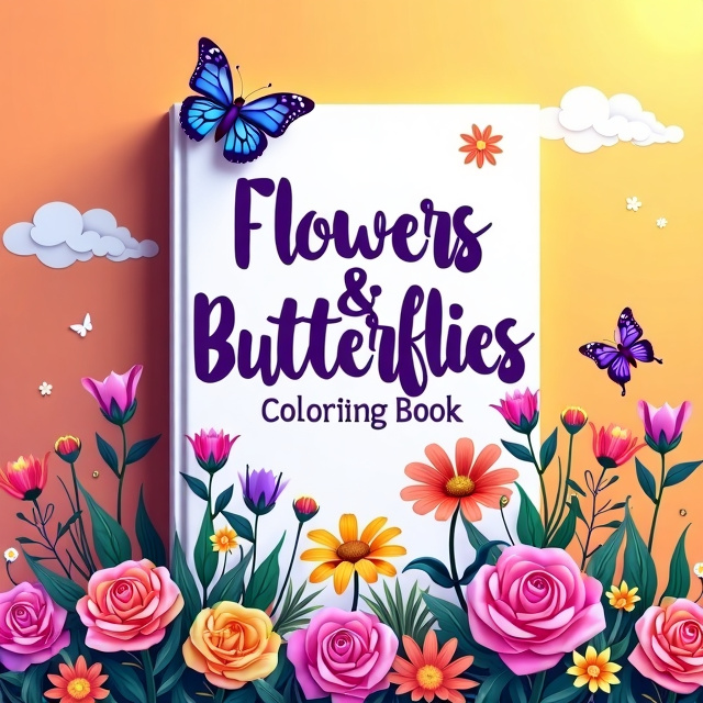 A warm-colored background with a gradient effect, transitioning from orange to pink. Lively and colorful butterflies are depicted, with their wings open in mid-flight, surrounded by roses and wildflowers in various shades of pink, purple, and yellow. The butterflies are placed at the top of the cover, fluttering around the flowers which are spread out at the bottom. Sun rays coming in from one side add a touch of brightness to the scene, along with a few fluffy white clouds scattered in the sky.