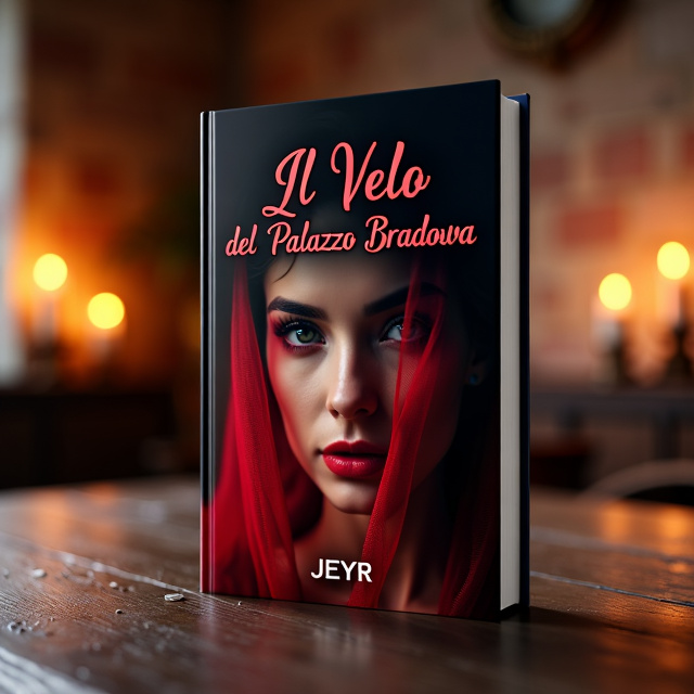 The cover features a close-up image of a woman's face, partially hidden behind a translucent red veil. The image is slightly blurred, creating a sense of mystery and intrigue. In the background, there is a dimly lit room with flickering candlelight, hinting at the dark passions and obsession within the story.