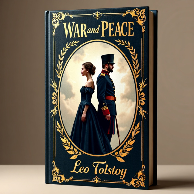 The cover features a regal, elegant design with gold ornaments of olive branches and 19th-century weapons arranged in a circular fashion. In the center, an XIX century soldier and a woman aristocrat stand back to back, symbolizing war and peace. The overall style is reminiscent of the XIX century, exuding a sense of majesty and grandeur.