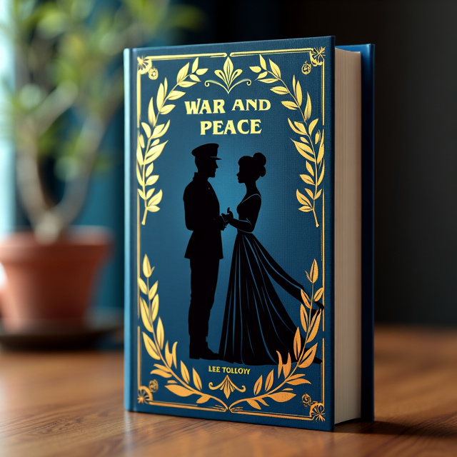 The cover features an elegant silhouette of a soldier and a woman, representing the themes of war and peace. The soldier is depicted in a XIX century style, while the woman is shown in aristocratic attire. Surrounding them are olive branches, symbolizing peace, and 19th-century weapons, symbolizing war. The background is a dark blue color with gold ornaments, giving the cover a regal and majestic feel.