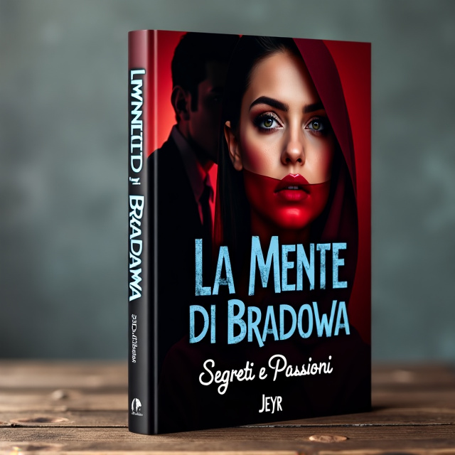 The cover features a close-up shot of a woman's face, partly obscured by a dark red veil. In the background, a silhouette of a man looms, representing the manipulative and obsessive nature of the story. The title "La Mente di Bradowa" is written in bold, steel blue letters, with "Segreti e Passioni" in a more delicate script font below it.
