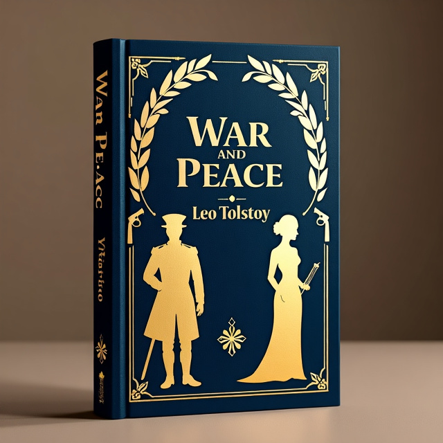 The cover features a dark blue background with a gold silhouette of a soldier from the XIX century on the left side and a gold silhouette of a woman aristocrat on the right side. They are surrounded by gold olive branches and XIX-century guns. The title "War and Peace" is placed in large gold letters at the top, with the author's name "Leo Tolstoy" in smaller gold letters at the bottom.