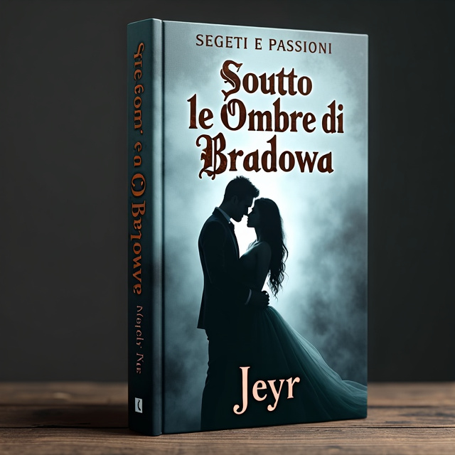The cover features a misty grey background with a subtle texture, representing the mysterious and haunting atmosphere of Bradowa Palace. In the center, a silhouette of a man and woman in an embrace, their bodies merging with the shadows, symbolizing the manipulation, obsession, and passion in their relationship. Behind them, a hint of a steel blue moon adds an eerie touch. Copper accents are used for key details, such as the title and author name, highlighting their importance.