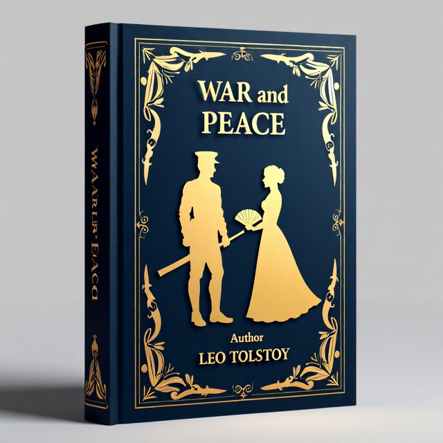 The cover features a dark blue background with a subtle texture. At the center, placed on top of a gold ornate border, there are two gold silhouettes. On the left, a silhouette of a soldier in a military pose, holding a rifle. On the right, a silhouette of a woman in an elegant dress, holding a fan. Surrounding the silhouettes are gold olive branches and XIX-century guns, forming a decorative frame.