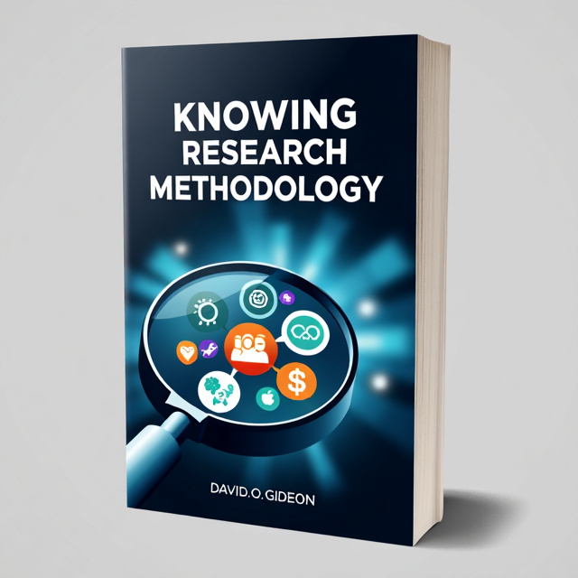 The cover features a close-up image of a magnifying glass, symbolizing research and knowledge. The magnifying glass is surrounded by colorful icons representing different research methodologies. The background is a gradient of blue, transitioning from dark blue at the top to light blue at the bottom, creating a sense of depth and curiosity.