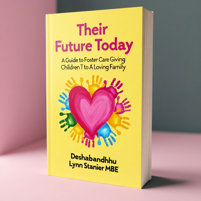 The cover features a heart-shaped illustration at the center, surrounded by colorful handprints, symbolizing the love and care given in foster care. The title is placed above the heart, with the author's name below it. The background is a soft gradient of pink and yellow, creating a warm and inviting atmosphere.