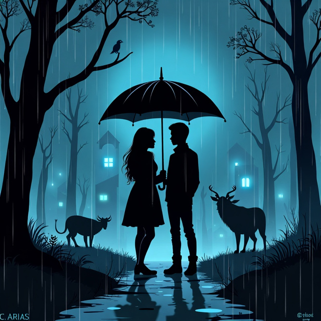 A dark, rainy night in a small, eerie town. Two characters, Emma and Lucas, stand under a shared umbrella. Behind them is the shadowy outline of a forest, with ghostly blue eyes and a lurking Draugr. The town's lights shimmer in the background.
