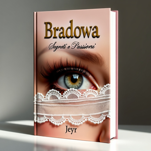 The cover features a close-up image of a woman's eye, representing manipulation and obsession. The eye is partially obscured by a lace blindfold, symbolizing hidden secrets. The background is a mix of soft cloud pink and gold beige tones, creating an atmosphere of passion. The title "Bradowa - Segreti e Passioni" is displayed in elegant gold typography, contrasting against the soft colors.