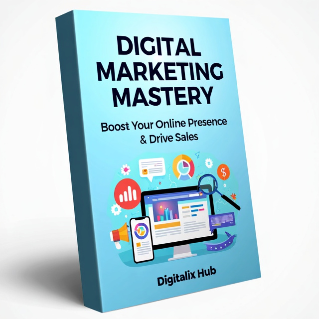 The cover features a clean and modern design with a light blue background. In the center, there is an abstract representation of digital marketing elements such as a magnifying glass, a website icon, and a chart, symbolizing boosting online presence and driving sales. The elements are arranged in a dynamic and eye-catching way to create visual interest.
