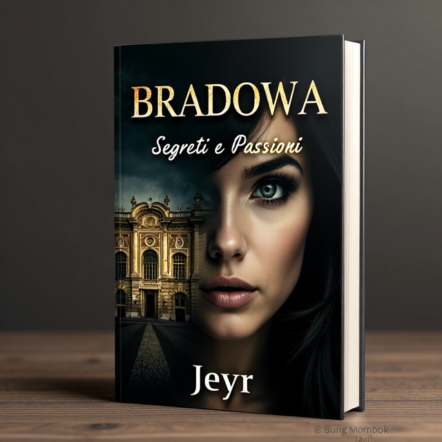 The cover features a close-up of a woman's face, her eyes wide with a hint of manipulation and obsession. Behind her, the Bradowa Palace is partially visible, shrouded in mystery. The overall tone is dark and intense, with splashes of gold highlighting the passion and secrets within the story.