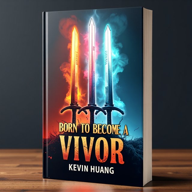 standing book mockup, Its title is "Born to become a victor". Its author name is Kevin Huang.  The cover features three large swords, named Hell, Heaven, and Earth, positioned to form a triangle with their tips pointing towards each other. Each sword represents a different element – fire, holiness, and earth – with flames, a glowing halo, and roots emanating from each sword respectively. The title "Born to become a victor" is displayed in bold, metallic font with a gradient effect, giving it a powerful and unique appearance. The author's name, Kevin Huang, is placed below the title in a more elegant and traditional font., The swords and title are the focal points of the cover, with the swords forming the central visual element. The title and author's name are positioned at the bottom, allowing them to be easily read without distracting from the main imagery.