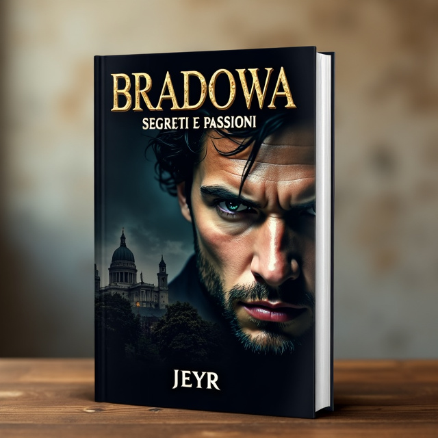 The cover features a close-up image of a man's face, showing his obsession and passion. His intense gaze and slightly disheveled appearance convey the theme of the book. In the background, there is a silhouette of a palace, hinting at the setting of Bradowa Palace. The overall style is dark and mysterious, with hints of gold accents to add a touch of elegance.