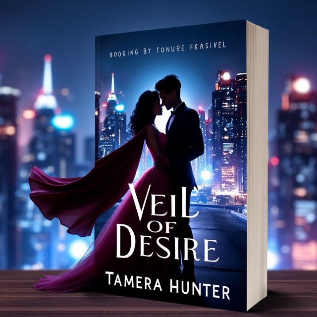 A cityscape at night, with tall buildings and twinkling lights. In the foreground, a black woman wearing a beautiful gown is embracing a man in a black supersuit, with the silhouette of a cape flowing behind him.