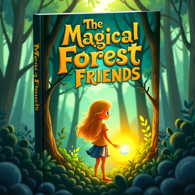 The cover depicts Lily, a girl with golden hair, standing in a lush forest. She is seen reaching out to touch a glowing stone she has discovered in the bushes. Sunlight streams through the trees, creating a magical atmosphere. The forest is filled with tall, green trees, creating a sense of depth and mystery in the background.