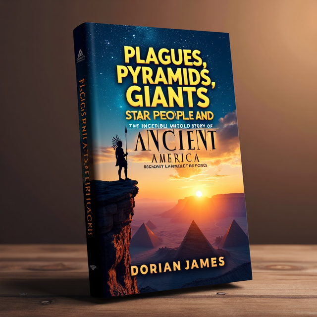 The cover features a stunning image of the Grand Canyon at sunset, with the silhouette of a Native American warrior standing on the edge. The warrior is holding a spear and looking up at the sky, where a constellation of stars is visible. In the foreground, there are pyramids reminiscent of those in Egypt, symbolizing the connection between ancient America and the ancient world.