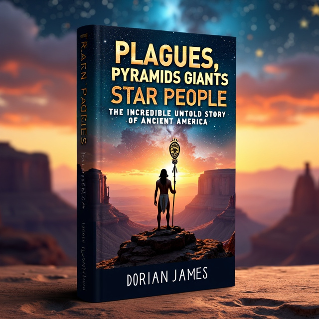 The cover features a stunning image of the Grand Canyon as the background, with a silhouette of an ancient Egyptian pyramid in the foreground. In the center, a Native American warrior stands tall, holding a staff adorned with symbols representing the star people. The sky above is filled with a sense of mystery and wonder, with stars and galaxies twinkling.
