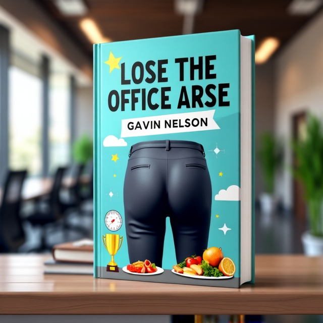 The cover features a sleek and modern office setting with a large, exaggerated arse prominently displayed in the foreground. The arse is surrounded by envy-inducing elements such as a scale showing weight loss, a plate of healthy food, and a trophy symbolizing accomplishment.