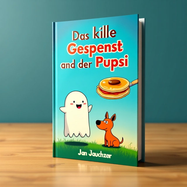 The cover features the small ghost and PUPSI standing side by side on the left side of the cover. They are depicted with vibrant colors and a sense of playfulness. Above them, a cartoonish flying pancake is shown in a graceful flight path. The background is filled with a warm sky blue color, giving the cover a cheerful and inviting atmosphere.