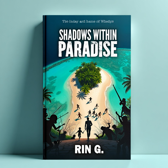 The cover features an aerial view of a beautiful island surrounded by clear blue waters. On the island, there is a group of people running away from creatures, with men and women holding weapons. In the foreground, a man is shown running while holding his son's hand.