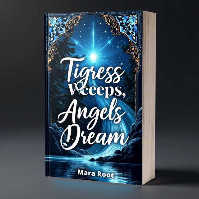 The tigress will be positioned in the far left upper corner of the cover, with her body on the prowl. She will be crying diamonds, which will turn into water at the bottom left corner. On the right side, there will be a cyber angel with a silver, otherworldly appearance. Dreams will extend from her mind. In the middle, there will be space for the title of the book, "Tigress Weeps, Angels Dream," in legible calligraphy. Surrounding the title, there will be a Persian design that extends into a stained glass art. Crystals will then extend from the stained glass, turning into shooting stars.