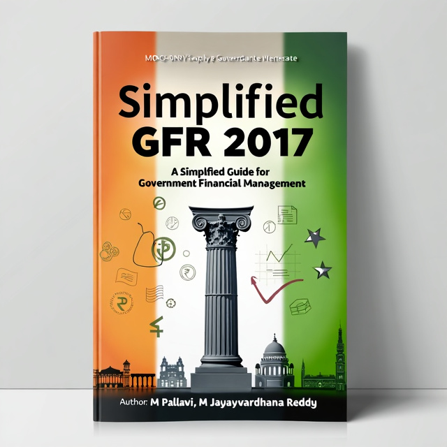 The cover features a clean and professional design. The title "Simplified GFR 2017" is centered at the top in bold, formal typography. Below the title is a subheading, "A Simplified Guide for Government Financial Management." The background showcases a subtle blend of the Indian tricolor—saffron, white, and green—and includes financial symbols like the rupee symbol, graphs, and the new parliament building of India. In the center of the cover, there is an emblem of the Ashoka pillar, symbolizing governance and authority.