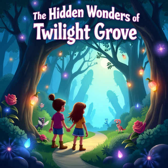 The cover depicts a lush and magical twilight grove, with tall, mystical trees adorned with glowing orbs. In the foreground, two friends stand side by side, one with a determined expression and the other filled with wonder, gazing into the grove. Magical creatures peek from behind the foliage, and a winding path hints at adventure. The title arcs gracefully above them in a whimsical font, surrounded by sparkles and light effects.