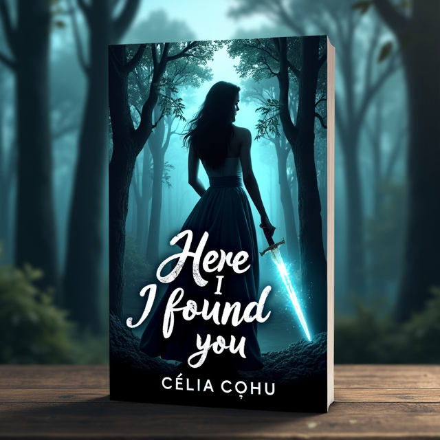 The cover features a dark, mysterious forest as the background, with tall trees stretching towards the sky. In the foreground, a woman is standing with her back turned towards the viewer, holding a gleaming sword in her hand. Her silhouette is outlined by a soft glow of magic, emphasizing her power and mystique.