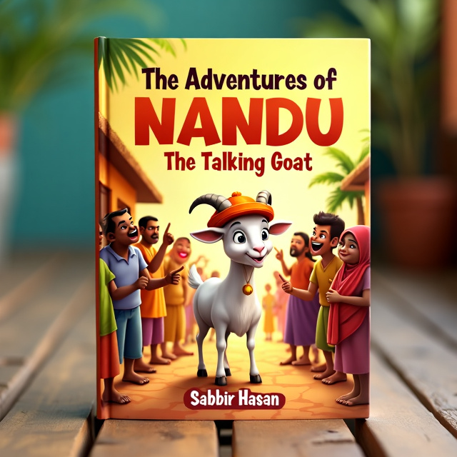 The cover features Nandu, a playful goat wearing a colorful hat, standing in the middle of a lively village square. Surrounding Nandu are villagers laughing and pointing at the goat, highlighting the humorous tone of the book. The scene is filled with bright, cheerful colors like orange, yellow, and green to give the cover a lighthearted feel.