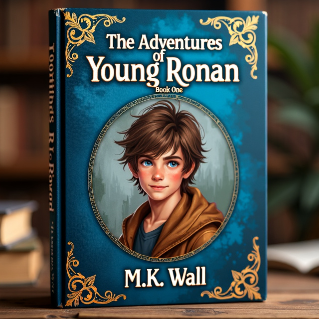 The cover features a rich, deep blue background with intricate gold scrollwork designs in the corners, resembling medieval or elven artwork. At the top, the whimsical and elegant font shape of Luminari Font reads 'The Adventures of Young Ronan', followed by 'Book One' in a matching font. At the bottom, 'M.K. Wall' is displayed. In the center, there is a painted portrait of a 13-year-old boy with tousled long brown hair, dark brown skin, and striking blue eyes. He is depicted wearing rugged, adventurous clothing in earthy tones, and his expression conveys friendliness, courage, and determination.