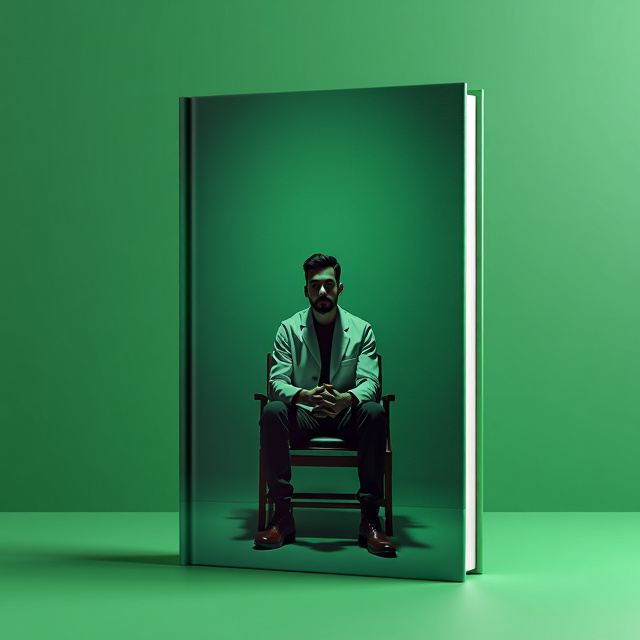 A green background with a person sitting on a chair. The person should be depicted in a realistic style, emphasizing their connection to science and technology.