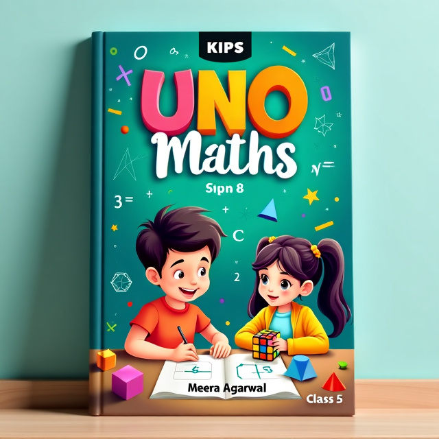 The cover features a boy and a girl, both around 8 years old, sitting at a table and solving math problems. The background is a vibrant green-blue color, with mathematical elements like equations, numbers, and symbols scattered throughout. A Rubik's cube and various geometric 3D shapes are placed on the table. In the top left corner, the text "KIPS" is prominently displayed, while the author's name, Meera Agarwal, is shown at the bottom.