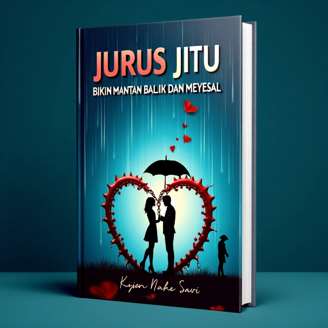 A deep blue background with subtle light rays emanating from the center. In the foreground, a heart symbol is partially broken, with a broken chain hanging from it. A silhouette of a couple standing under an umbrella is positioned to the right of the heart symbol. Raindrops are falling around them, forming a text message bubble on the left side of the cover. In the distance, a shadowed figure is walking away. A single rose petal is falling from the sky.