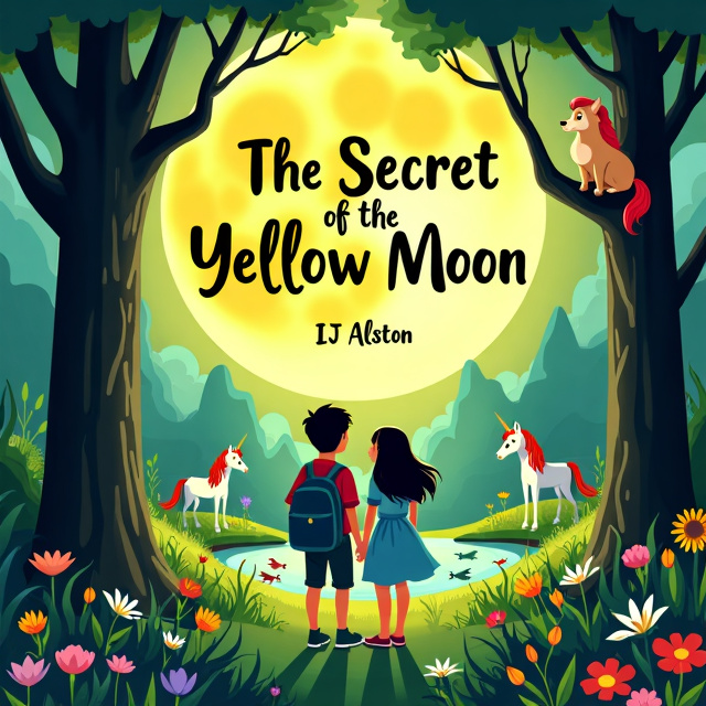 The cover depicts Alice and Davis standing in a lush green forest, surrounded by colorful flowers and tall trees. In the distance, a yellow moon glows brightly, casting a soft light over the scene. Mermaids swim in a nearby pond, while unicorns graze peacefully in a meadow. Todd, the talking dog, is perched on a tree branch, wearing a mischievous grin. The overall style is whimsical and vibrant, with a touch of magic and adventure.
