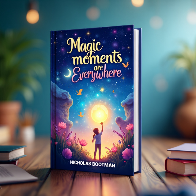 The cover features a breathtaking, colorful illustration of a magical landscape filled with sparkling stars, floating books, and whimsical creatures. In the center, a person is shown reaching out towards a glowing orb, symbolizing the magic moments in life.