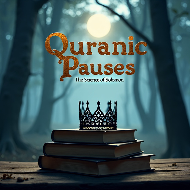 A mysterious, misty forest illuminated by moonlight. A silhouette of King Solomon's crown rests atop a stack of ancient books, symbolizing wisdom and knowledge.