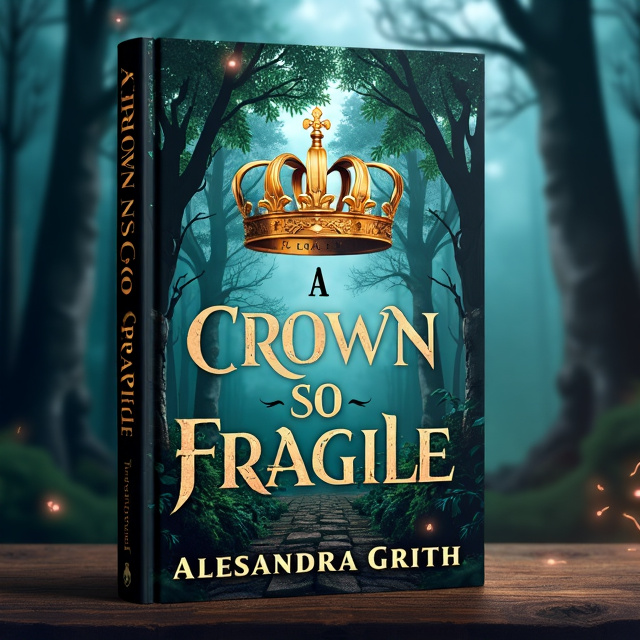 The cover features a large, fractured crown symbol in the center, representing the fragility and uncertainty of the story. Surrounding the crown is a dense and wild forest, filled with ominous trees and hints of magic in the form of glowing orbs and swirling mist.