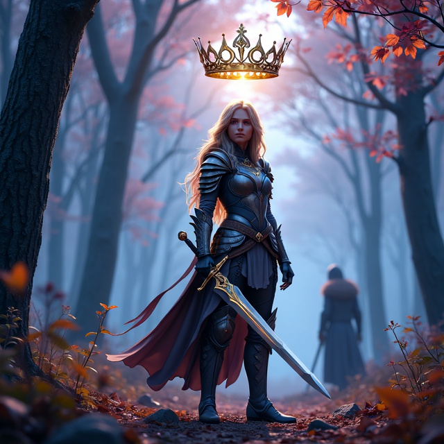 The mystical forest serves as the background, with towering trees and a canopy of glowing leaves in soft purples, blues, and golds. In the foreground, the female warrior stands tall in practical yet intricate armor, holding her sword with determination. The Elven Crown Prince is positioned slightly behind her, exuding mystery and nobility, while the guide stands in the shadows, symbolizing his protectiveness. Above the warrior's head, a delicate silver elven crown with glowing gems floats, representing its fragile power.