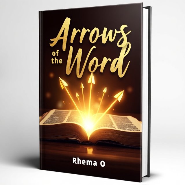 The cover features a close-up image of a Bible with arrows piercing through its pages. The arrows are depicted as vibrant beams of light, symbolizing the power of prayer and the Word of God. The background is a warm brown color, giving the design a sense of warmth and grounding. The title, "Arrows of the Word," is prominently displayed at the top of the cover in bold, gold typography. The author's name, "Rhema O," is placed at the bottom in a sleek and modern font.
