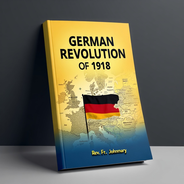 The cover features a dark yellow background with a gradient of blue at the bottom. In the center, there is an image of the German flag with a map overlay, depicting the battle grounds of the German Revolution of 1918.