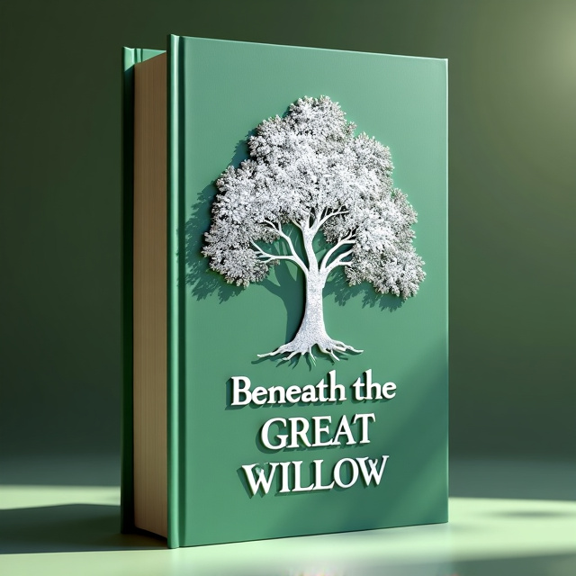 The cover showcases a monochromatic pistachio green background with a central silver rendition of a willow tree. The tree is iconic and simplistic, conveying a sense of nostalgia and antiquity. The title, "Beneath the Great Willow," is displayed in silver fantasy font text.