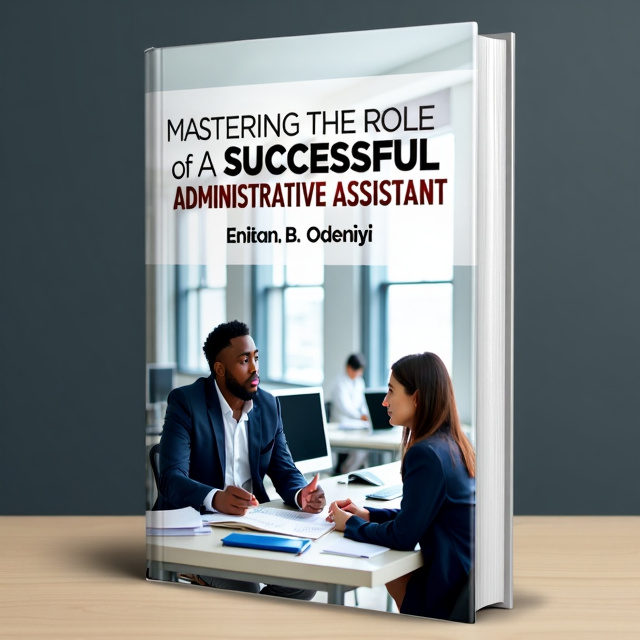 The cover features a modern office setting with a male and female administrative assistant working together. The background showcases a busy office space with desks, computers, and paperwork. The male and female characters are dressed professionally, emphasizing their role as successful administrative assistants.