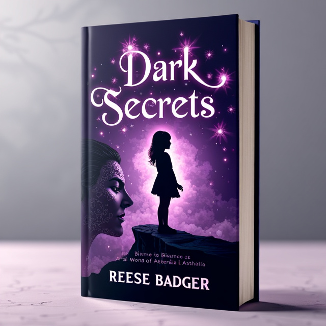 The cover features a dark purple background with a hint of shimmering stars. In the center, there is a silhouette of a young girl, Bianca, standing on the edge of a cliff, looking out into the magical world of Aetherlia. The silhouette is filled with intricate patterns and glowing symbols, representing her magical abilities. On the bottom left corner, there is a menacing image of the empress Zonia, creating a sense of danger and conflict.