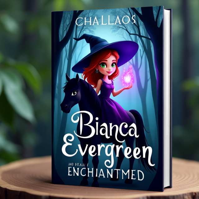 The cover features a seventeen-year-old girl with dark red hair, tan skin, and green eyes. She is dressed in a dark purple dress and a witch hat. Riding on a black Pegasus, she holds purple magic glowing in her hand. The scene is set against a backdrop of a mysterious forest.