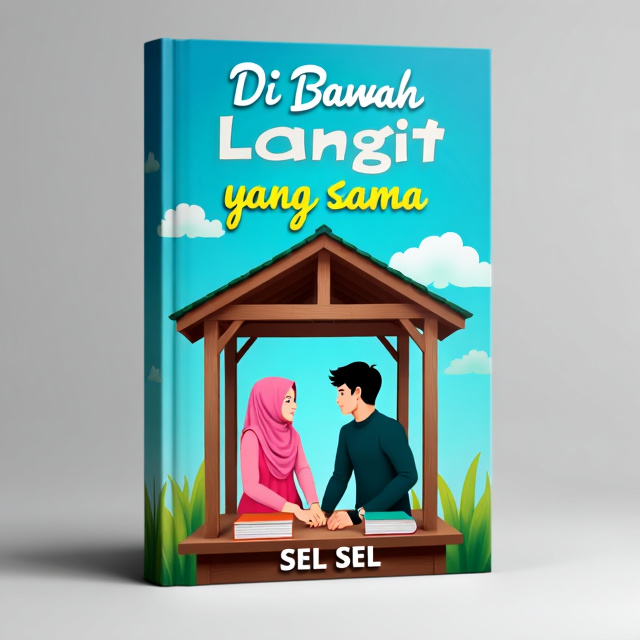 The cover features a blue sky with a few fluffy clouds. At the bottom of the cover, there is a wooden gazebo where a young male teacher and a girl in a pink hijab are sitting facing each other. They are engaged in a deep conversation, while books are displayed on the table between them.