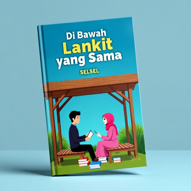 The cover showcases a blue sky as the background. At the bottom of the cover, there is a wooden gazebo with a young male teacher sitting across from a girl, engaged in a teaching session. The girl is wearing a pink hijab and dress, while the teacher is dressed in a black shirt. There are books spread out in front of them.