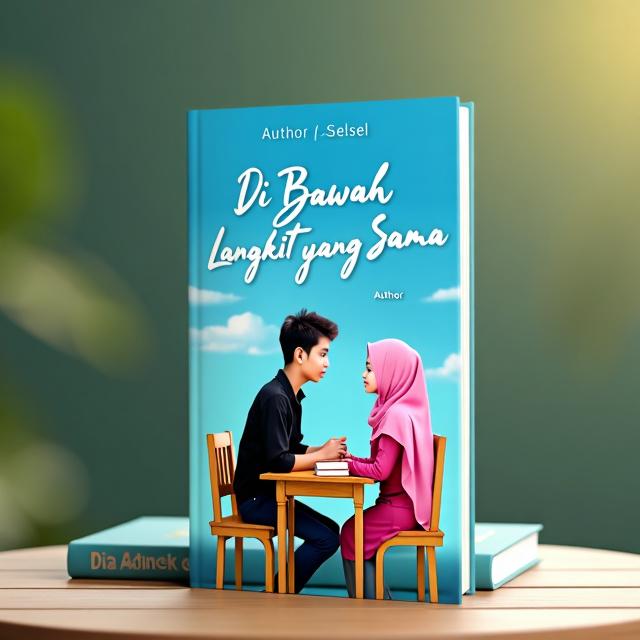 A blue sky background with a wooden gazebo placed at the bottom of the cover. A young male teacher wearing a black shirt sitting face to face with a young girl wearing a pink gamis and hijab. There are books placed on the table in front of them.