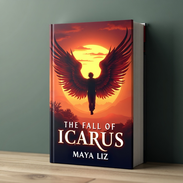 The cover features a stunning illustration of Icarus falling out of a vibrant orange sunset sky. His wings are depicted as majestic and ethereal, capturing the fantasy element of the story. The overall atmosphere is somber and melancholic, conveying the emotion of the book.
