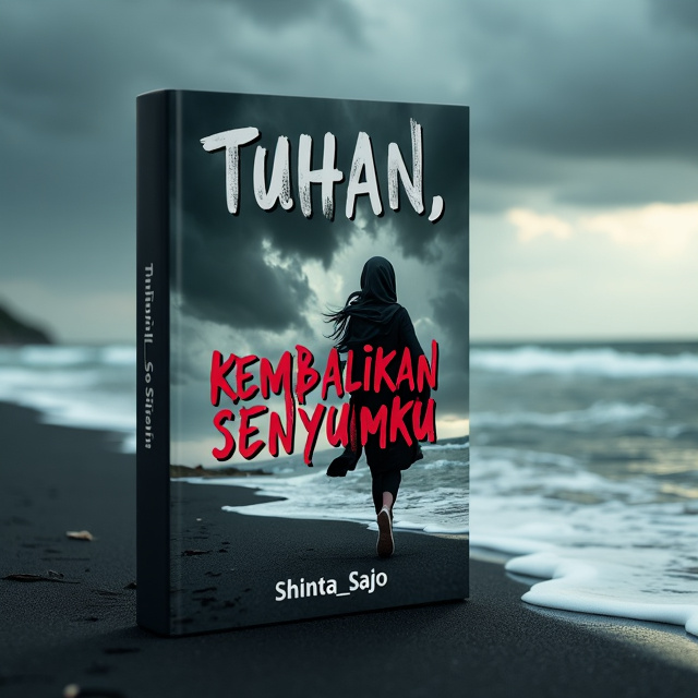 The cover features a young woman wearing a hijab running along the edge of a black sandy beach. The sky is filled with stormy clouds, creating a sense of sadness and turmoil. The woman's face is partially hidden, conveying her inner struggles and the journey she is on. The color red is used sparingly, highlighting the title and adding a touch of contrast to the overall composition.