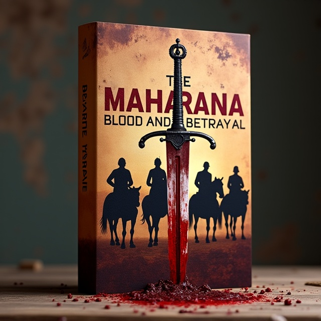 The cover features a rustic background with a group of horse riders in silhouette form, representing the historical theme of the book. In the foreground, a sword covered in blood is prominently placed, symbolizing the betrayal and violent elements of the story.
